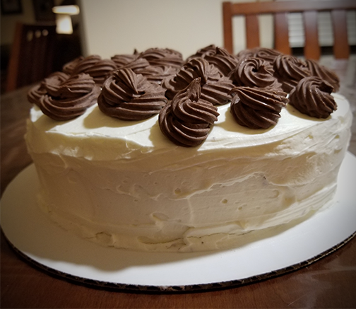 Devil's Food Cake with buttercream frosting and chocolate cream cheese swirls